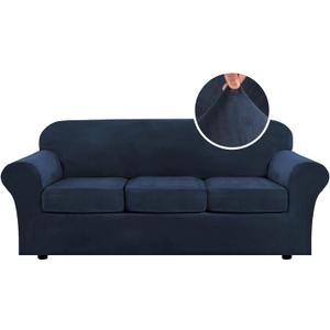 H.VERSAILTEX Modern Velvet Plush 4 Piece High Stretch Sofa Slipcover Sofa Cover Furniture Protector Form Fit Luxury Thick Velvet Sofa Cover for 3 Cushion Couch Width Up to 90 Inch (Sofa,Navy)