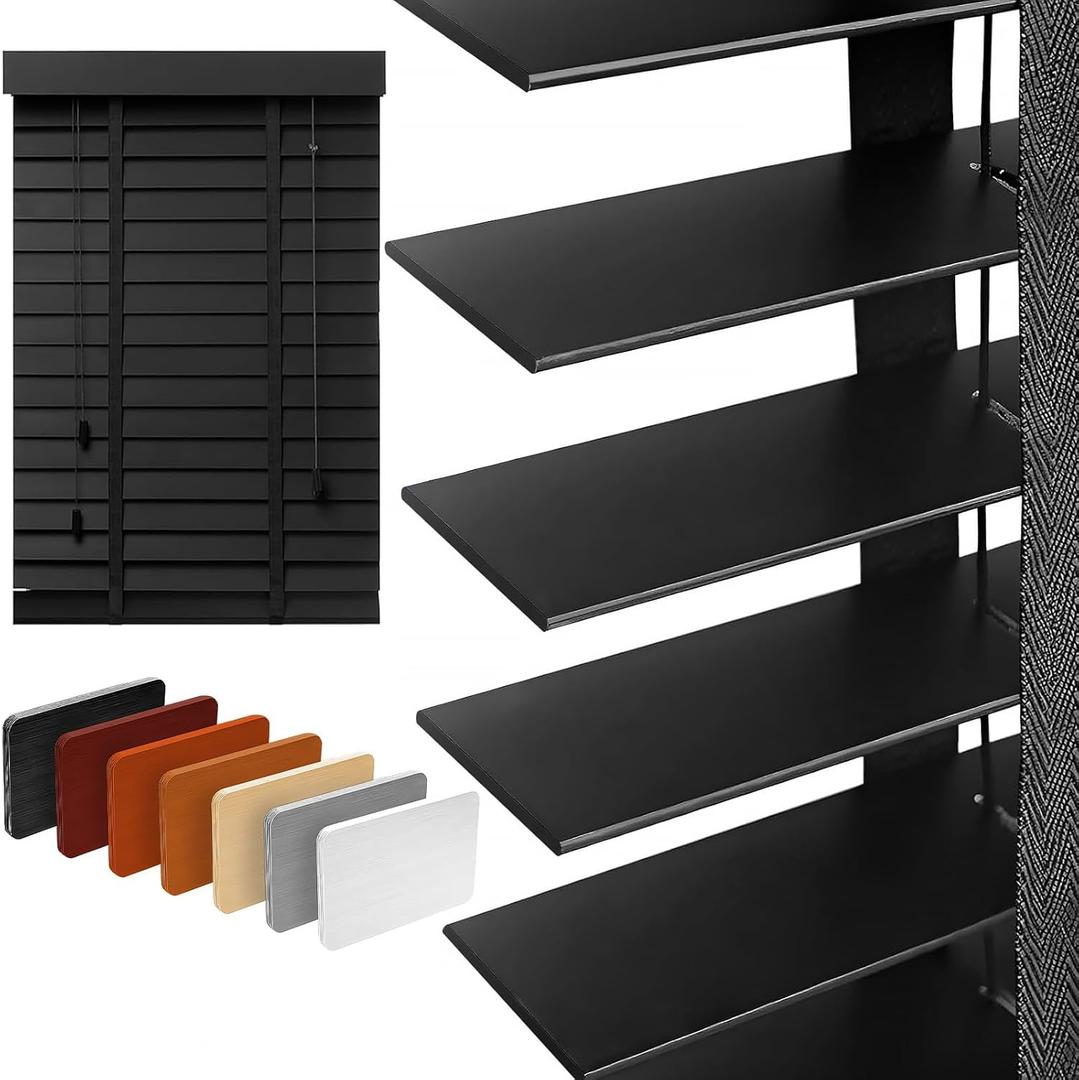 2" Slats Wood Blinds for Indoor Windows: Solid Wooden Blackout Blinds & Shades,Black Out Privacy Horizontal Blinds for Home Bedroom Bathroom Living Room Windows and Doors 22.5" WX48 H Black