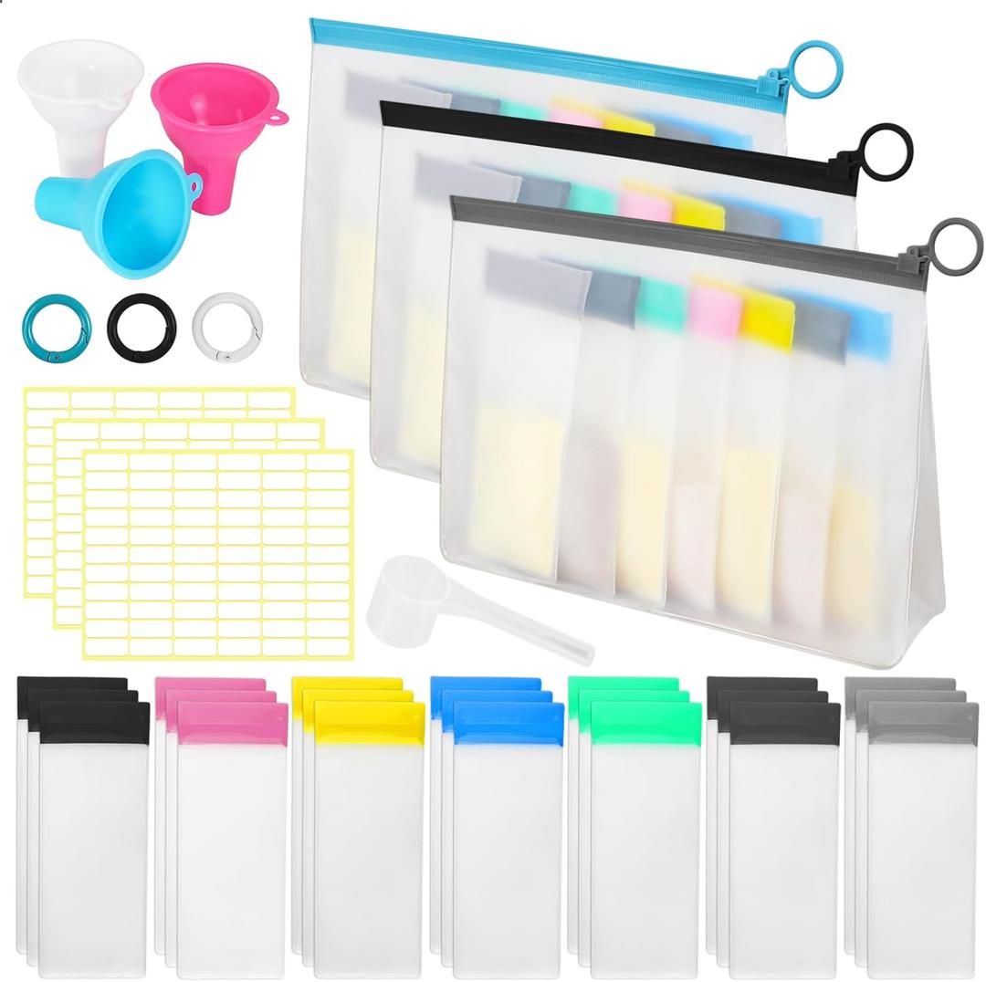 Protein Powder Travel Container Set - Reusable Powder Supplement Container To Go - 21pc Single Dose Bags and 3pc Large Travel Containers Zip Up Bags (BLUE-BLACK-GREY)