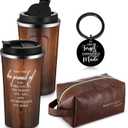 Roshtia Thank You Gift for Men 17 oz Stainless Steel Tumbler with Lid Leather Toiletry Bag Inspirational Keychain Team Gift for Male Employee Teacher Birthday(Wood Grain)