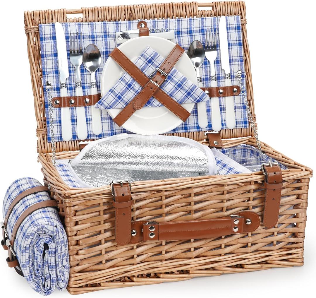Wicker Picnic Basket Set for 2 Persons with Waterproof Picnic Blanket and Large Insulated Cooler Compartment, Willow Picnic Hamper Basket with Cutlery Service Kits for Camping, Wedding (Red) (Blue)