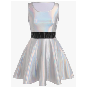 Women's Shiny Metallic Dress Sexy Sleeveless Skater Mini Dress Holographic Party Rave Dance Clubwear Halloween Costume XL