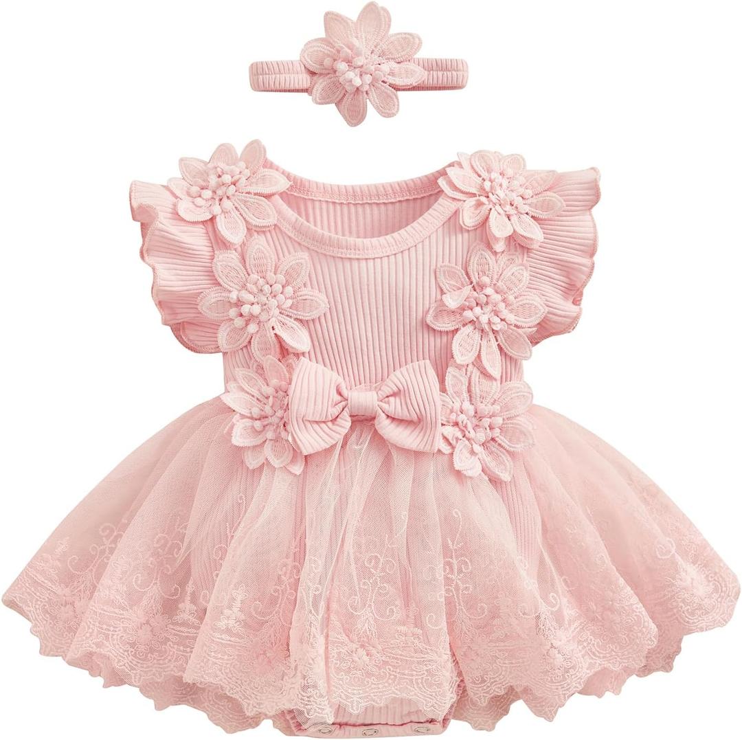 Infant Baby Girl Lace Romper Baby Tulle Dress Romper Flowers Bodysuit Spring Summer Festival Clothes with Headband (12-18 Months, Pink)