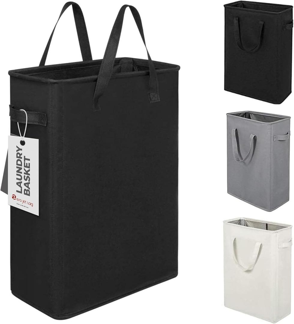 Slim Laundry Hamper With Handles Collapsible Laundry Basket Thin Dirty Clothes Basket Narrow Laundry Bag Foldable Dirty Clothes Hamper 45L (24 inches,Black), Small