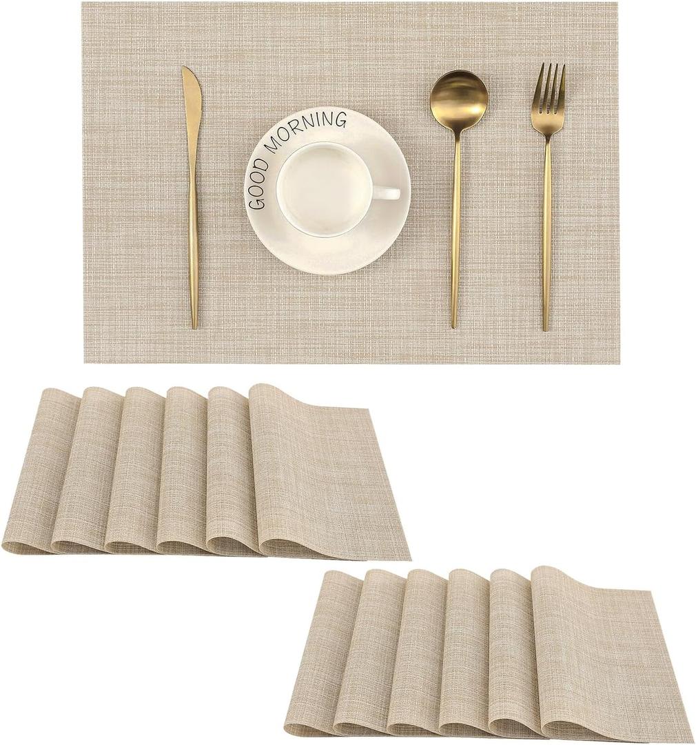 Leetaltree Beige Placemats Set of 12 - Heat Resistant Non-Slip Place mats for Dining Table, Washable Durable PVC Vinyl Woven Table Mats(Beige, 12)