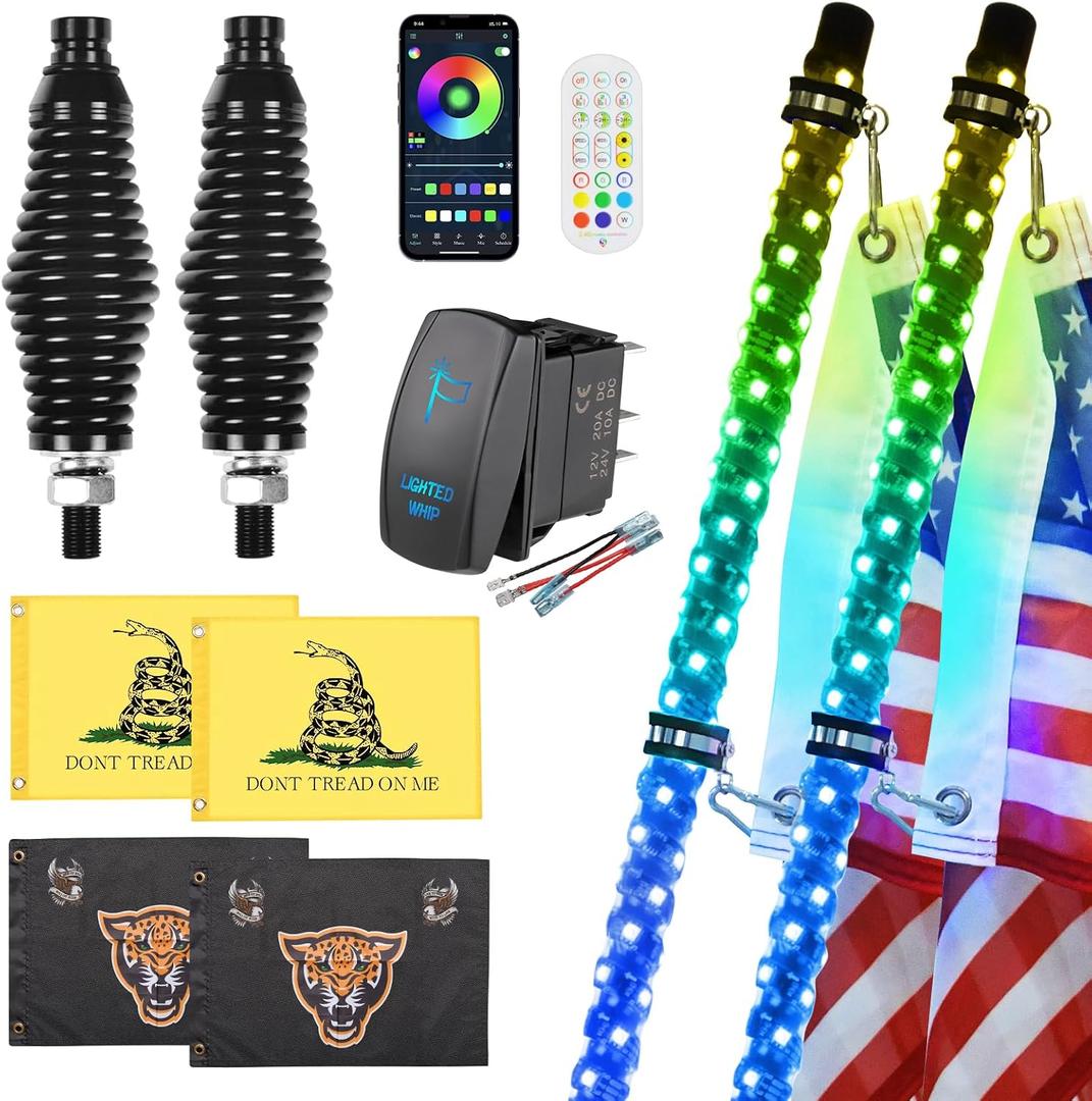 Ehaho 2 Pack 3FT Whip Lights with Spring Base,LED Whip Light with App & Remote Control, Spiral RGB Chasing Lighted Whips with Rocker Switch, Music Whip Light for UTV ATV Polaris RZR Can-Am SXS Truck