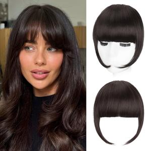 Clip in Bangs, Synthetic French Bangs Hair Clip, Dark Brown Fake Bangs Fringe with Temples Hairpieces for Women Natural Curved Hair Extensions for Daily Wear