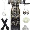 Women's 1920s Gatsby Inspired Sequin Beads Long Fringe Flapper Dress w/Accessories Set (Style04-black&gold)