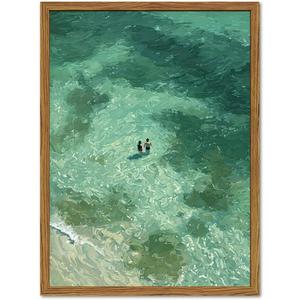 Framed Two People Swimming Wall Art, Green Summer Beach Pictures Wall Decor, Minimalist Abstract Coastal Paintings Canvas Prints Beachy Home Decor for Living Room Bedroom Bathroom 16x24 inch