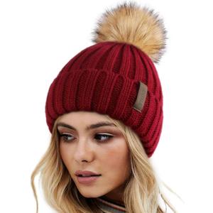 FURTALK Womens Winter Knitted Beanie Hat with Faux Fur Pom Warm Knit Skull Cap Beanie for Women (Wine Red)