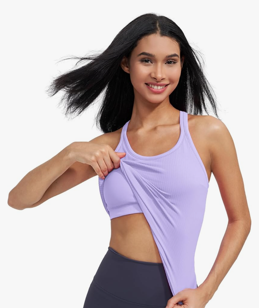 Ribbed Workout Short Racerback Tank Tops for Women with Built in Bra, Size 6