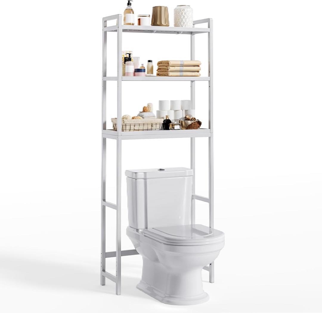 Gizoon Over The Toilet Storage, 3 Tier Bamboo Bathroom Organizer with Adjustable Shelf, Freestanding Above Toilet Stand, Bathroom Storage Shelf Rack (White)