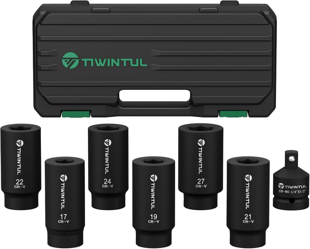 1/2" Drive Crank Bolt Socket Set, 7Pcs, 17/19/21/22/24/27mm, 3/4"-1/2" Adapter, Harmonic Balancer Socket Set, 6-Point Deep Impack Socket, 3 Times Momentum Power of Crank Bolt Removal Tool