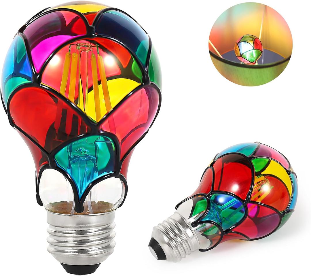 Dimmable Stained Glass LED Light Bulb, 3.5W E26 Base A19/A60 Festive Atmosphere Color Bulb, for Home Light, Party, Festive Decoration, 2 Pack