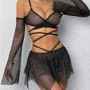OYOANGLE Women's 2 Piece Mesh Sheer Criss Cross Crop Top and Asymmetrical Mini Skirt Party Rave Outfits (Black, L)