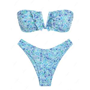 ZAFUL Women's Strapless Ribbed V Wired Lace Up Ruffle Tie High Cut Bandeau Swimsuits Bikini Set (Medium, Blue)