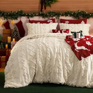 Bedsure Tufted Boho Comforter Set King Size - Beige Boho Bed Set, GentleSoft 3 Pieces Farmhouse Shabby Chic Embroidery Bedding, Gifts for Woman, Soft Jacquard King Comforter for All Seasons (01 - Beige - Elegant)