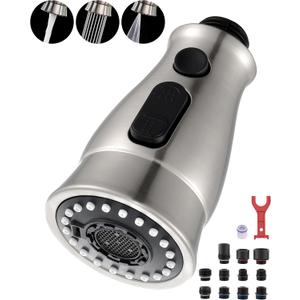 J-HVA Kitchen Faucet Sprayer Head Replacement with 15 Adapters (UPDATED) - Pull Down Kitchen Sink Faucet Spray Nozzle Head Replacement 3-Function Tap Spray Head for Kitchen Sink, Brushed Nickel
