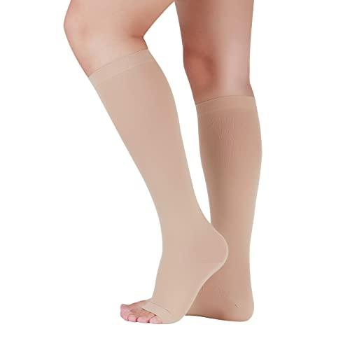 Lin Performance 20-30 mmHg Medical Compression Socks for Women and Men Knee High Open Toe Stockings Varicose Vein Swollen legs(S, Beige)