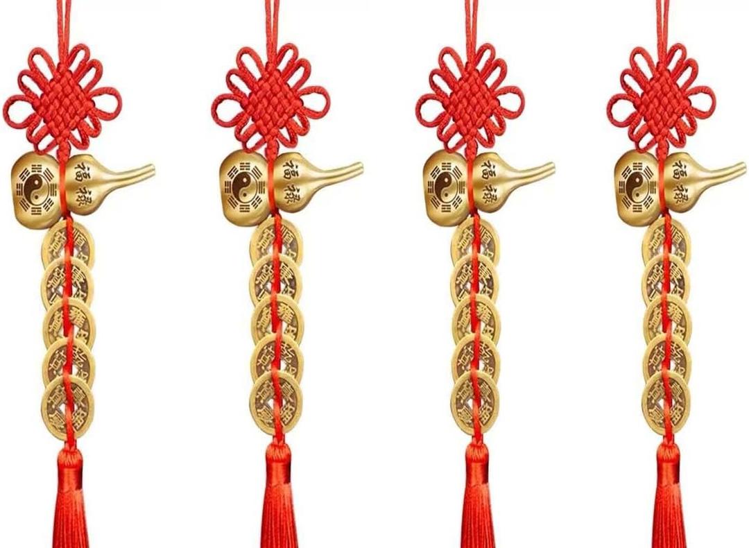 4pcs Fu Lu Pure Copper Gourd Pure Copper Five Emperor Money China Knot Door to Door Pendant Tassel Gift to Loved One, Friend Pendant Housewarming New Home Transfer Festival (Small, Red -Chinese Fortune Knots)
