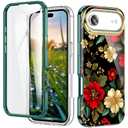 Turquiase Cute Flower Case for iPhone Air 6.5 inch Built with Screen Protector, Lightweight and Stylish Full Body Shockproof Protective Rugged TPU Case for Women/Girls-Black Peonies