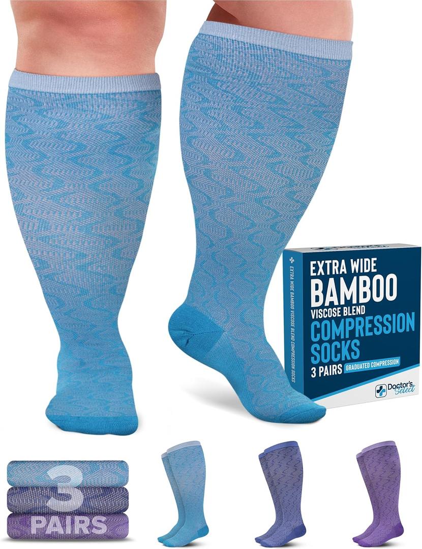 Doctor's Select 3 Pairs Plus Size Compression Socks Wide Calf | Bamboo Viscose Knee High Socks for Circulation Support | Purple, Indigo, Teal (S Pattern) (4X-Large)