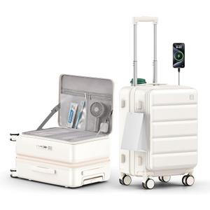 ISLAND ELEPHANT Expandable 20Inch Carry On Luggage Airline Approved - Top Opening Hardside Travel Suitcase Unbreakable -with Cup Holder, USB Charge, Side Pothook, 360°Spinner Wheels, TSA Lock-White