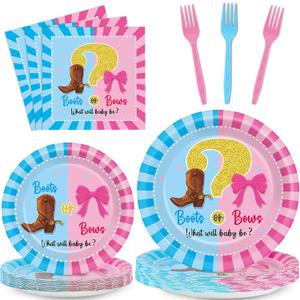 OBUSATT 96Pcs Boot or Bows Gender Reveal Party Decoration Boy or Girl Paper Plates Napkins Blue or Pink Supplies Boot or Bows Dinnerware Set Disposable Favor for Baby Shower Gender Reveal Serves 24