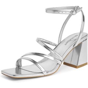 Modatope Women Heeled Sandals Strappy Heels Square Open Toe Chunky Block Heels Ankle Strap Sandals for Women Comfortable Heels (9, Silver)