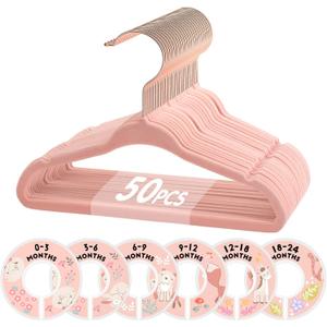 VIS'V Baby Hangers, 11 Inch Velvet Kids Hangers with 6 Pcs Clothes Size Dividers, Infant Toddler Nursery Closet Organization, Non Slip, Pink, 50 Pcs