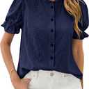 PRETTYGARDEN Womens Puff Short Sleeve Tops 2026 Summer Spring Button Down Boho Embroidered Cute Blouse Dressy Casual Shirts (Blue, L)