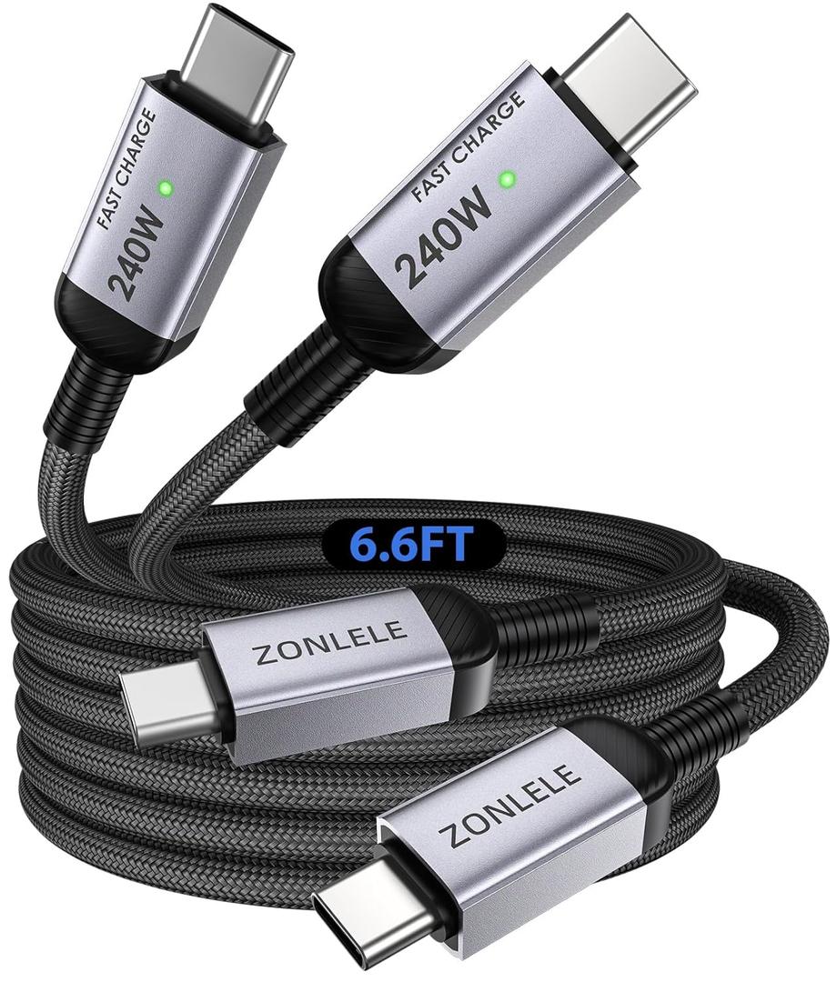 240W USB C to USB C Cable Fast Charging, 2 Pack 6.6ft Type C Phone Charger Cord, Braided USB-C for iPhone 17 16 15 Pro Max, Samsung S25 S24, Laptops, MacBook, iPad Air, Switch