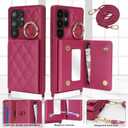 for Galaxy S25 Ultra Case with Card Holder and Strap for Women,Crossbody Lanyard, Make Up Mirror,Ring Stand,Snap Clasp,Cute Phone Wallet Cases 6.9 inch - Rose red