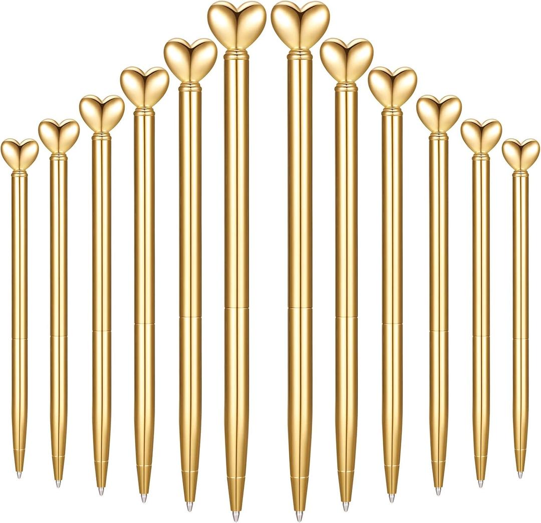 Chinco 12 Pcs Heart Shaped Pens Black Ink Retractable Metal Decorative Cute Pens Heart Ballpoint Engagement Gifts for Women Wedding Bridal Shower Sleepover Party Favors (Gold)