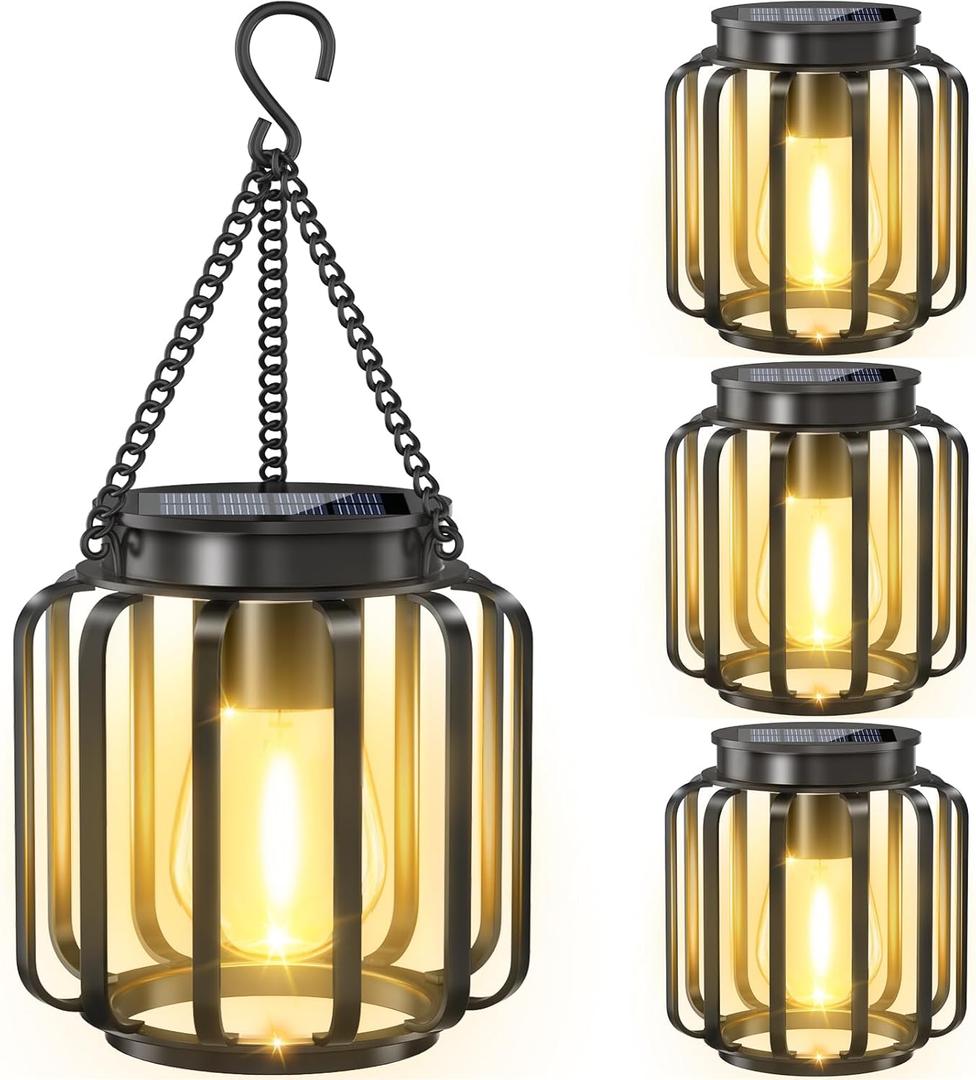 TomCare Solar Lights Outdoor 4 Pack Metal Solar Lanterns Outdoor Waterproof, Hanging Solar Lantern Lights for Patio Yard Porch Garden Decor, Warm White