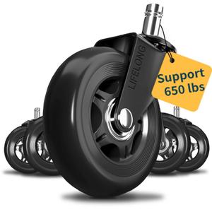 Lifelong Office Chair Wheels Replacement Rubber Chair Casters for Hardwood Floors and Carpet, Set of 5, Stem Casters, Heavy Duty Office Desk Casters for Chairs to Replace Office Chair Mats - (Black)