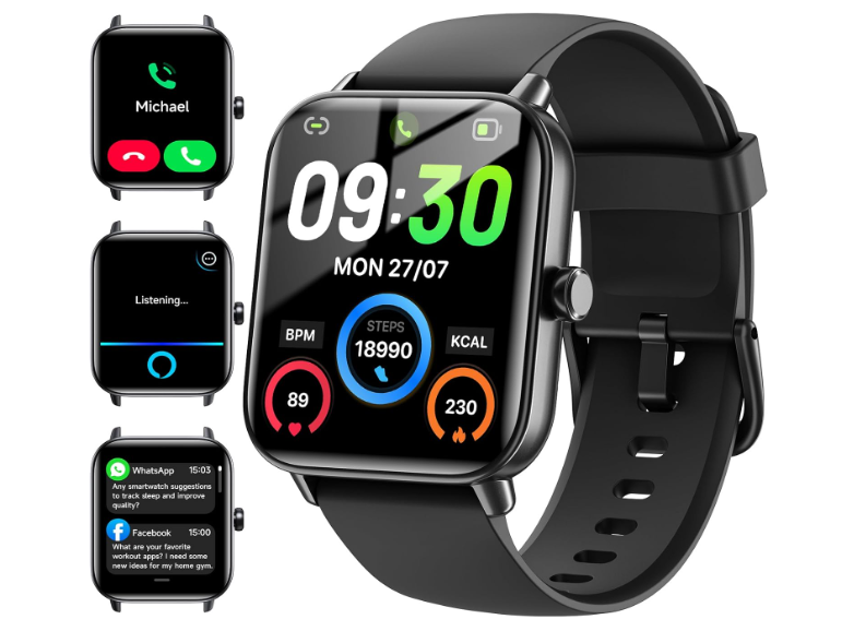 Smart Watches for Men Women Android & iPhone, Alexa Built-in, 1.85" Fitness Tracker with Answer/Make Calls, IP68 Waterproof Fitness Watch,Heart Rate, Sleep, SpO2 Monitor,Pedometer, Black