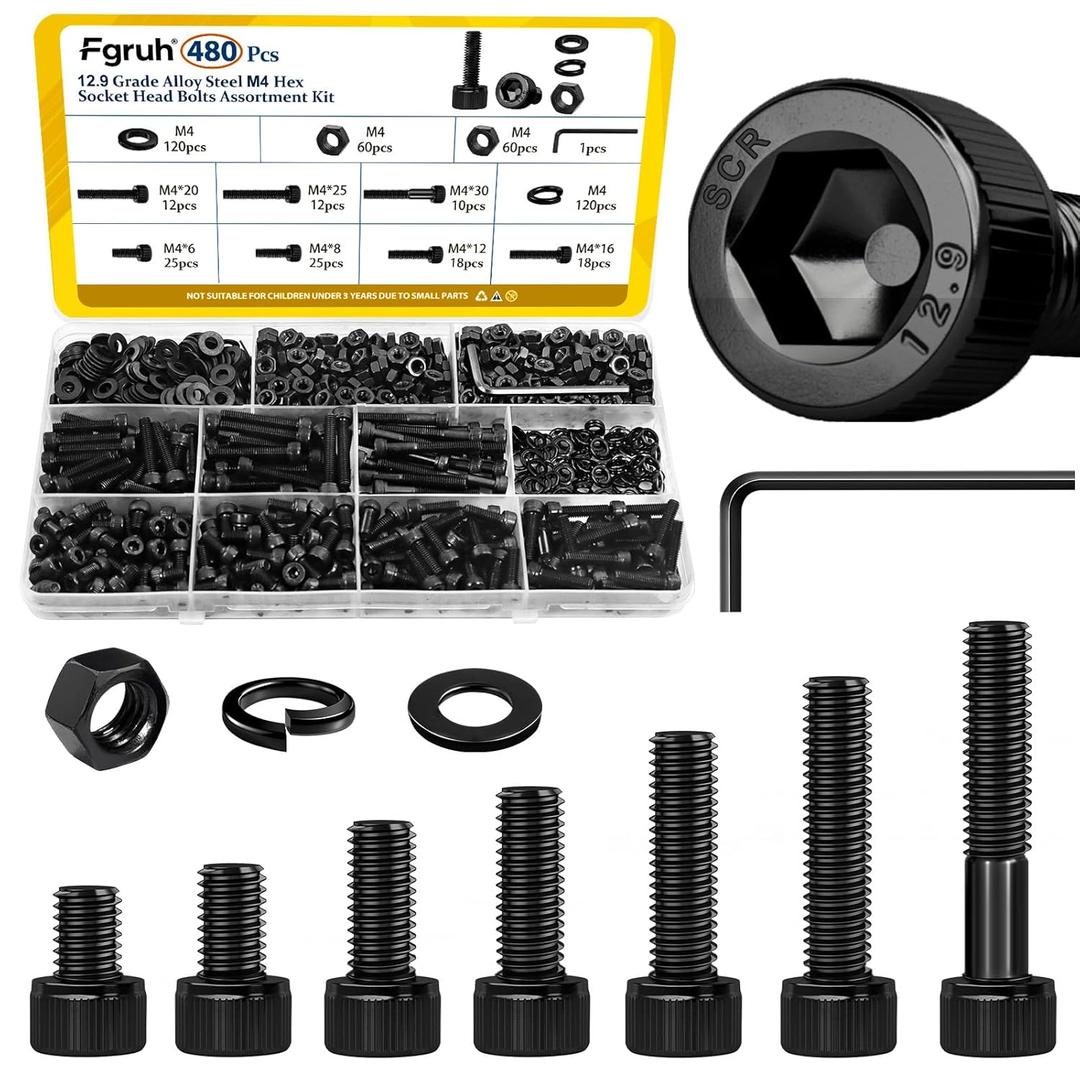 480PCS M4 Screws Assortment Kit, M4x6/8/12/16/20/30 mm Hex Socket Head Cap Bolts, Nuts & Washers Set, 12.9 Grade Alloy Steel Black Zinc Plated M4 Screw Assorted Kit for 3D Printer, DIY, Repairs