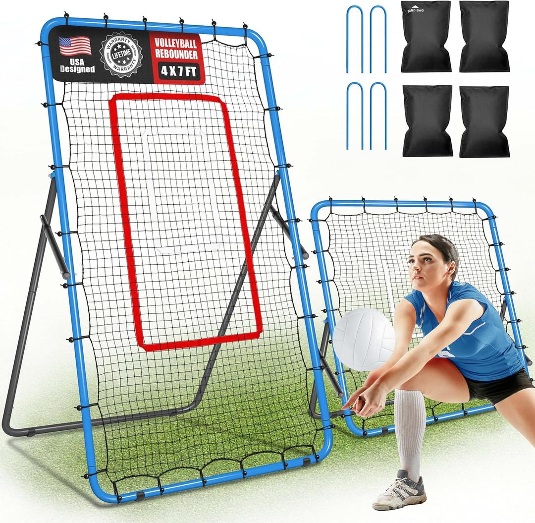 2-in-1 Volleyball Rebounder Net System, Adjustable from 7x4 ft to 4x4.5 ft, 4-Angle Bounce Back Net, Training Equipment for Volleying, Bumping, Spiking Practice, Resists Twisting (Blue)