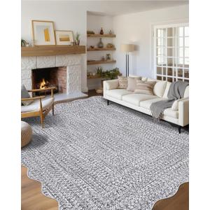 Imitation Braided Collection-Print Farmhouse Living Room Area Rug 8x10 Non-Slip Washable Rugs, Scalloped Large Carpet, Stain Resistant Ultra-Thin Foldable Floor Cover for Nursery Dining Room