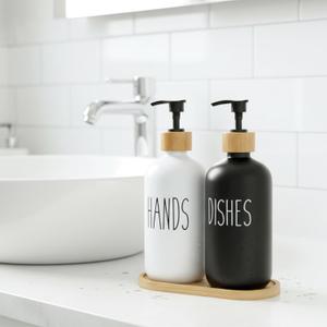 2 Pack Glass Soap Dispenser Set with Bamboo Tray, 16 Oz Dish Soap and Hand Soap Dispenser Set for Bathroom Kitchen Counter Decor (White, Black)