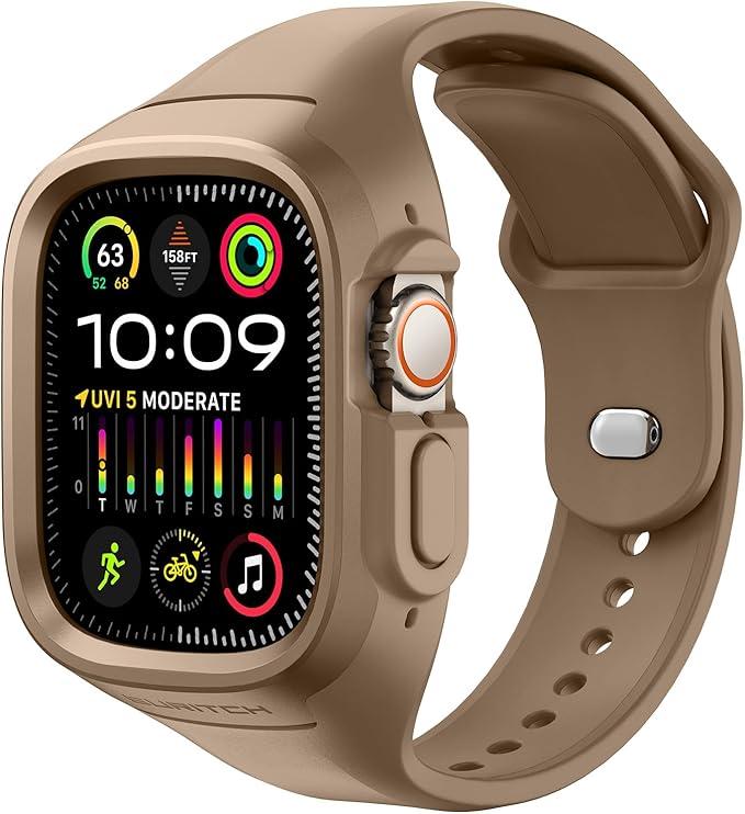 SURITCH Sport Band for Apple Watch 9/8/7/6/5/4/SE3/SE2/SE Case with Band 45mm 44mm, Soft Silicone Shockproof Rugged Protective Replacement Strap with Case for Women Men, Brown