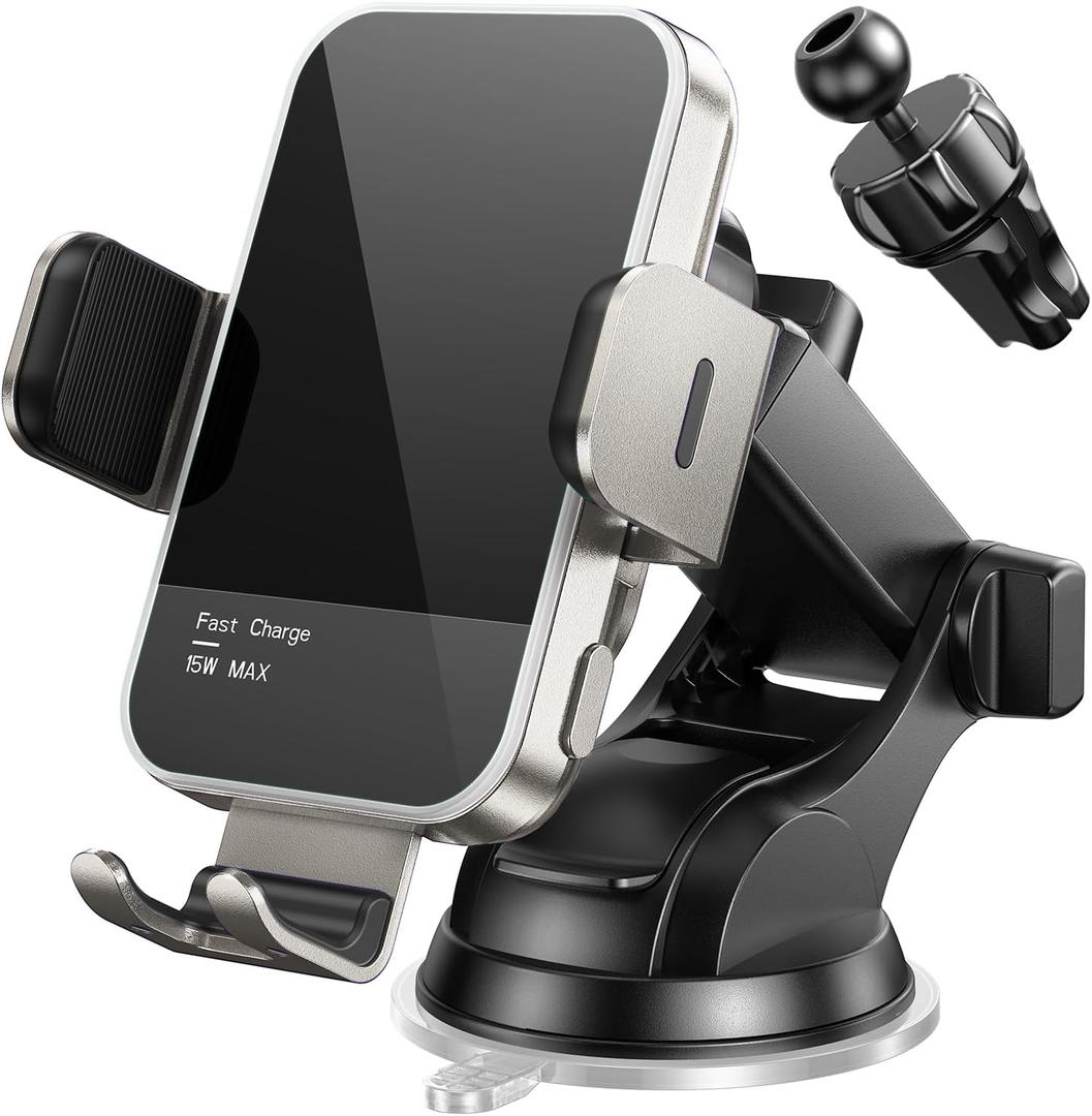 Wireless Car Charger, 7 Colored RGB Backlit 15W Auto Clamping Car Charger Phone Mount Holder for iPhone 15 14 13 12 Mini Pro Max 11 XR X, Samsung Galaxy S23 Ultra S22 S21+ S10+ Note 20, Etc - Silver