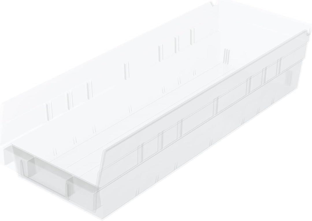 Akro-Mils 30138 Plastic Shelf Bins, Heavy Duty Storage Bins for Garage, Closet, and Drawer Organization, 18" x 6-1/2" x 4", Clear, 12-Pack