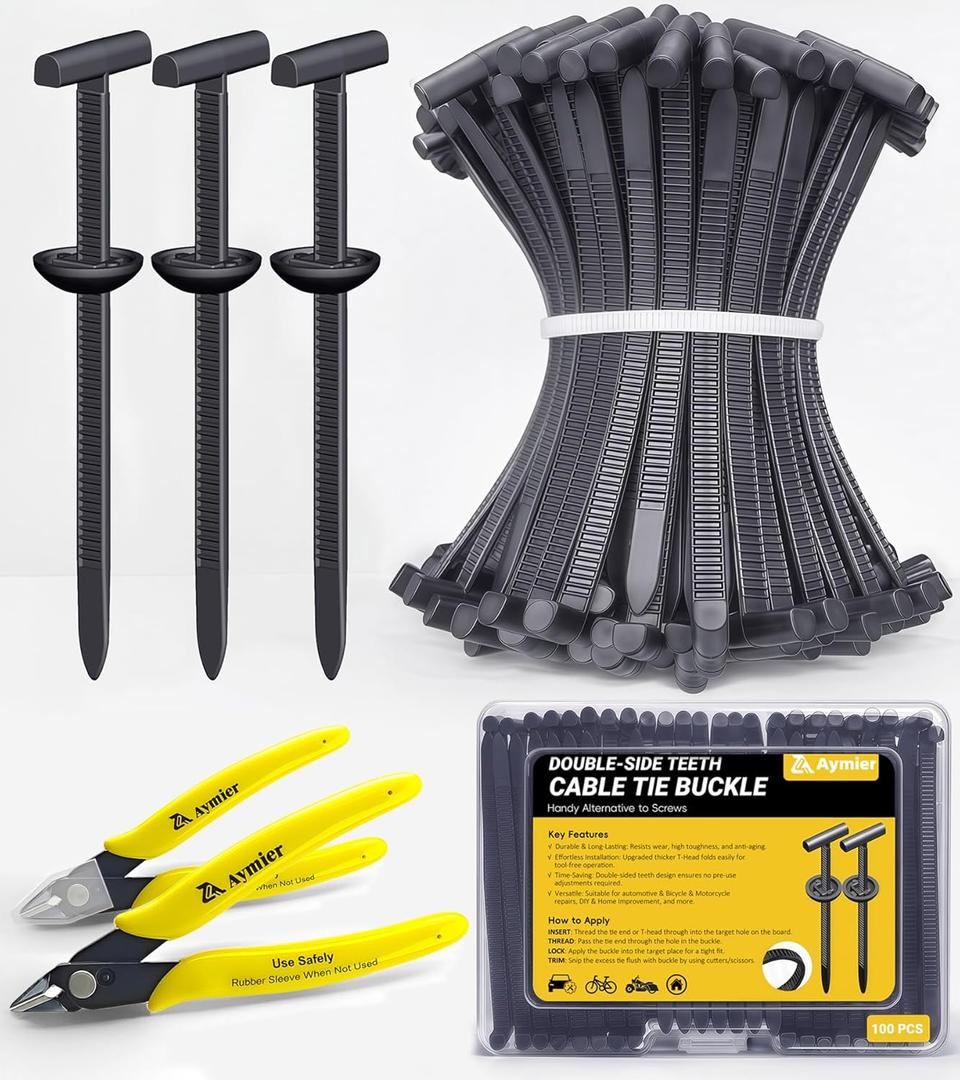 Upgraded Nylon Universal Cable Tie Buckles, Nylon Zip Ties Holders Kit, Automotive Zipper Clips Self-Locking T Rivet Zipties for Car Fender Trunk Bumper Repair, Home & Garage Patent Pending