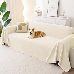 Smiry Couch Cover for Dogs, Washable Chenille Sofa Covers for 3 Cushion Couch, Soft Sofa Slipcover for Pets, Thick Sectional Furniture Protector with Tassels (Beige, 88.5x150 Inch)