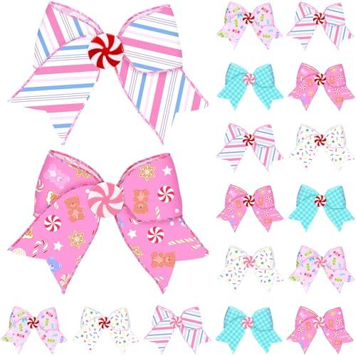 Realspring 15 Pcs Candy Christmas Bows Ornaments 6.3 Inch Large Pastel Christmas Tree Wreath Bows Pink White Blue Xmas Decoration for Xmas Tree Garland Wedding Home Holiday Indoor Outdoor Party Decor