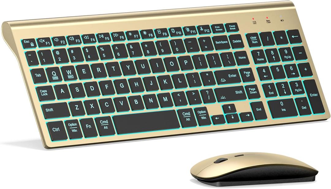 TopMate Wireless Keyboard and Mouse Ultra Slim Combo, 2.4G Silent Compact USB 2400DPI Mouse and Scissor Switch Backlit Keyboard Set, for PC/Laptop/Windows/Mac/Gaming - Gold Black