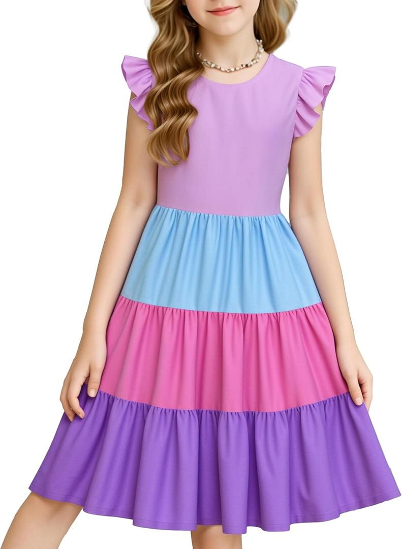 LQSZ Girls Summer Dresses with Ruffle Short Sleeve Midi Casual A-Line Twirly School Sundress Size 3-12 Years (7-8 Years)