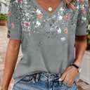 Womens Tops Short Sleeve Shirts Buttons V Neck Spring Fashion Summer Outfits Oversize Blouses Dressy Casual (Large, Grey Floral)